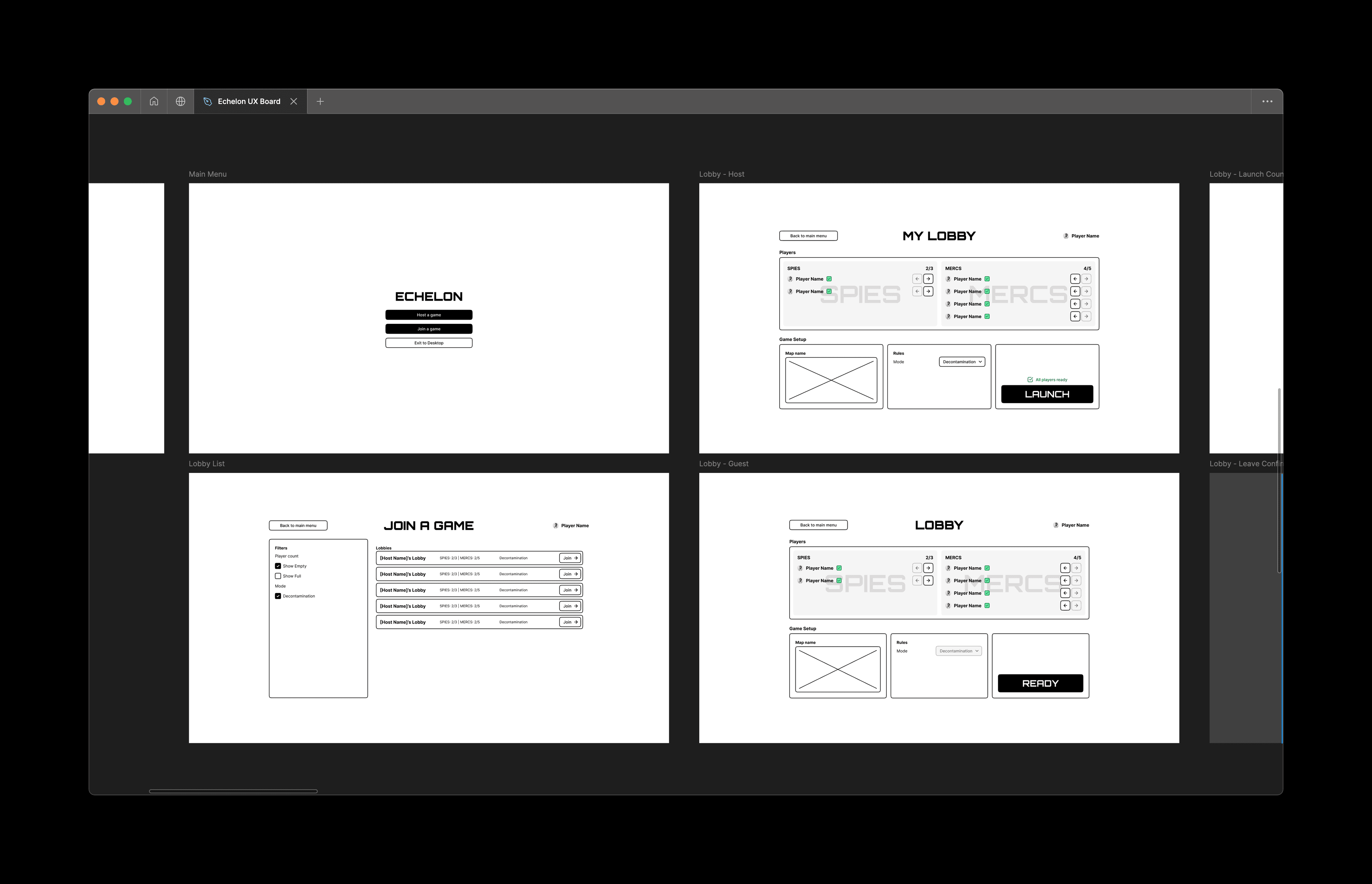 Menu wireframes